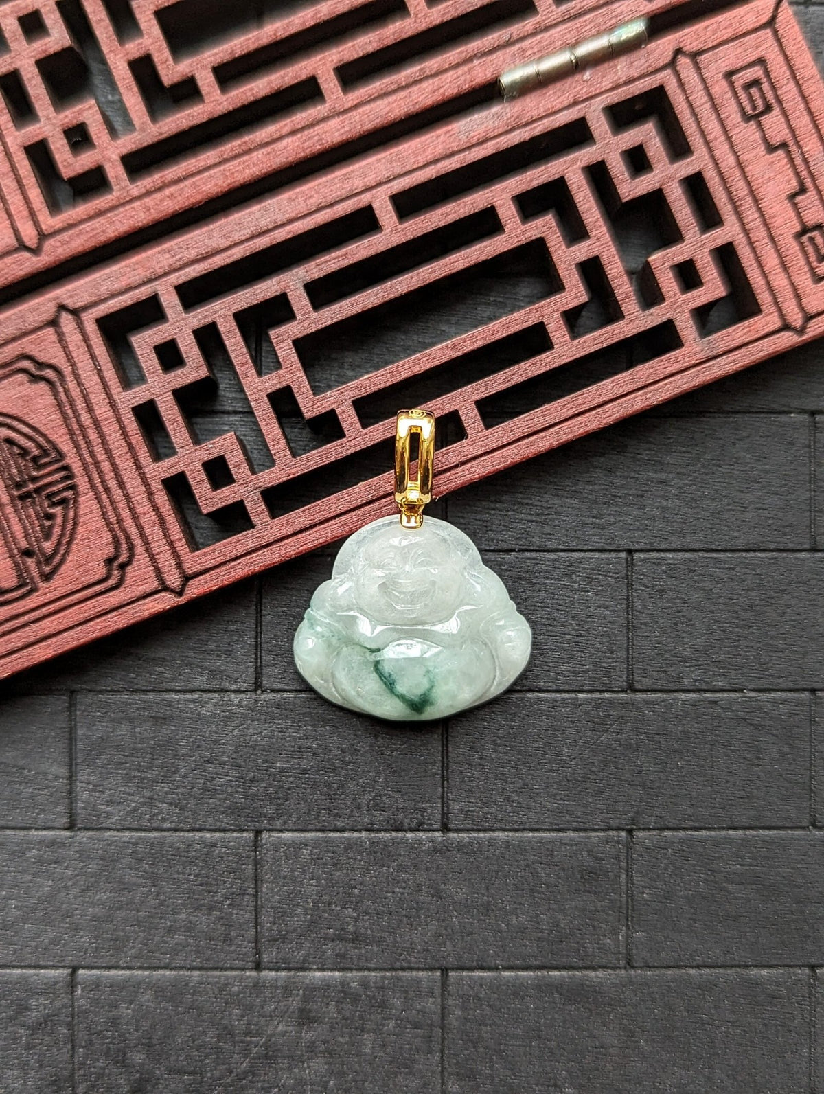 White/Dark Green Buddha Jade Pendant