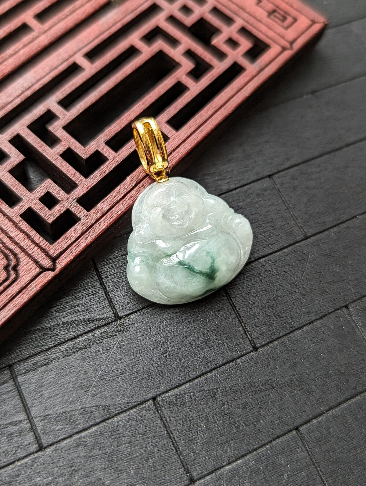 White/Dark Green Buddha Jade Pendant