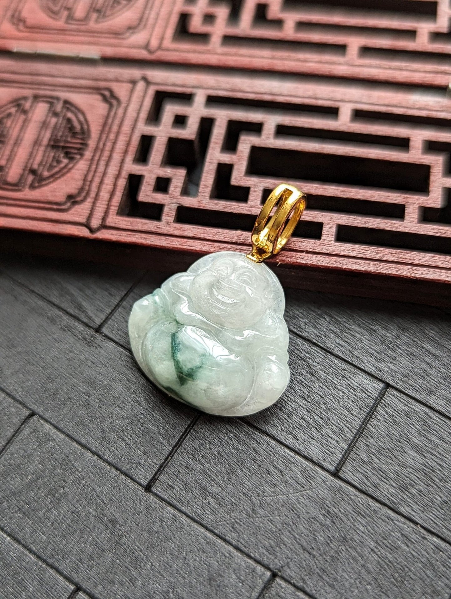 White/Dark Green Buddha Jade Pendant