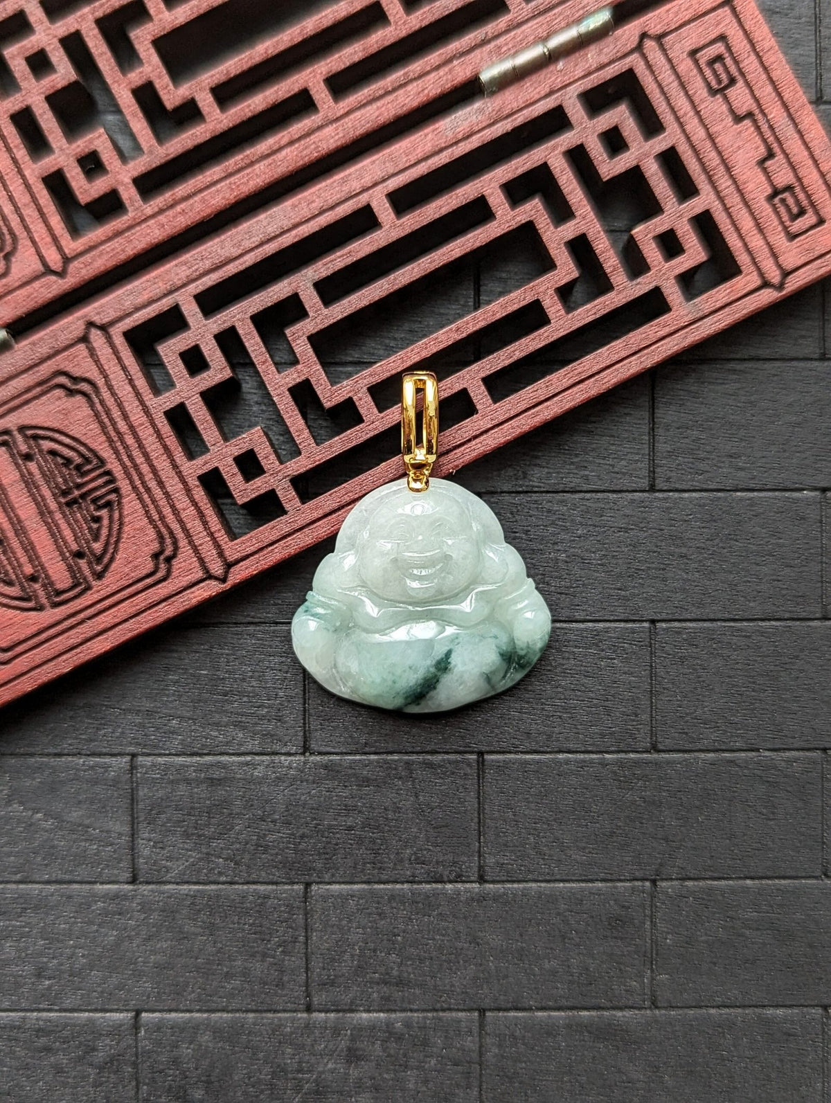 White/Dark Green Buddha Jade Pendant
