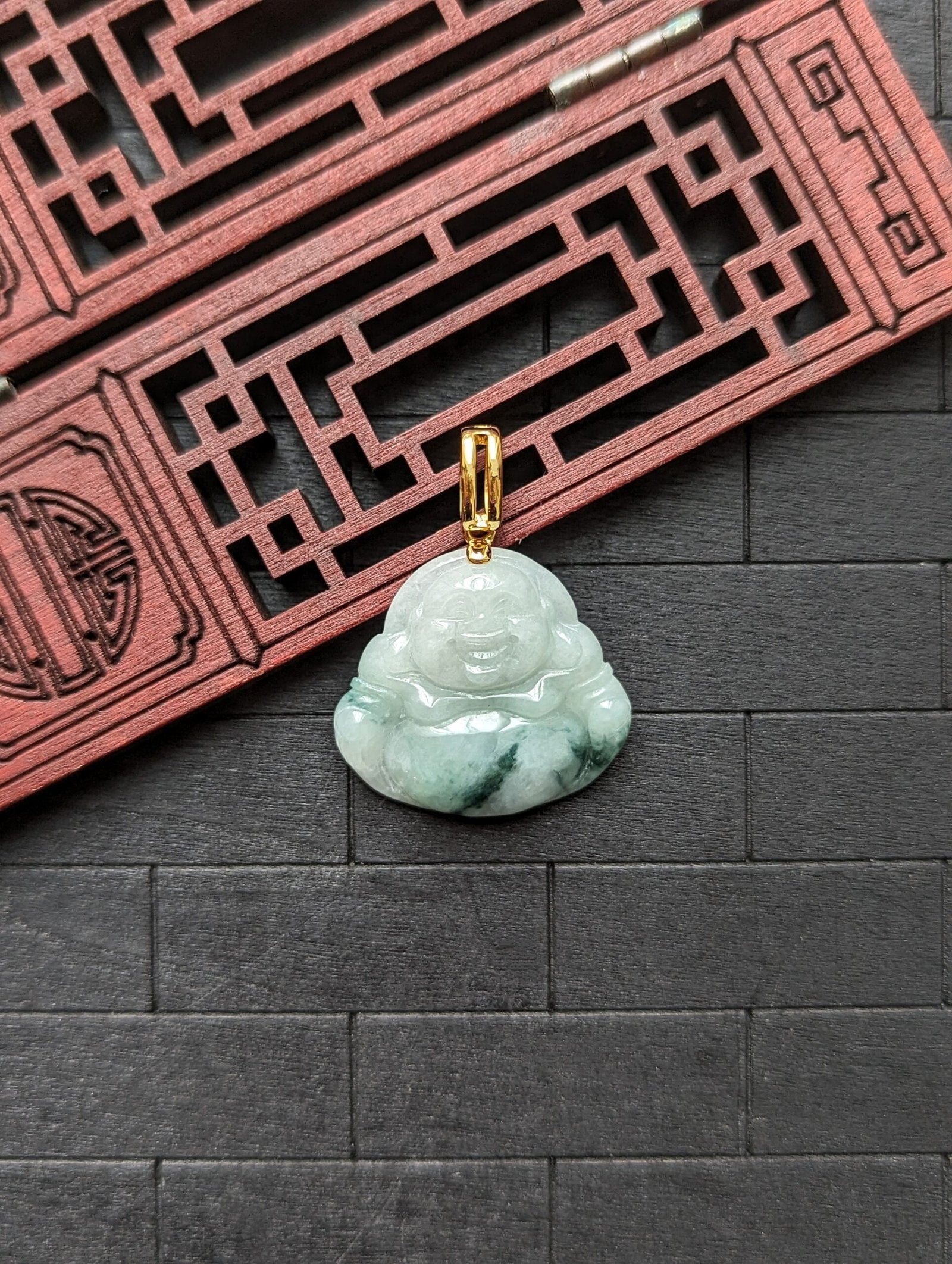 White/Dark Green Buddha Jade Pendant