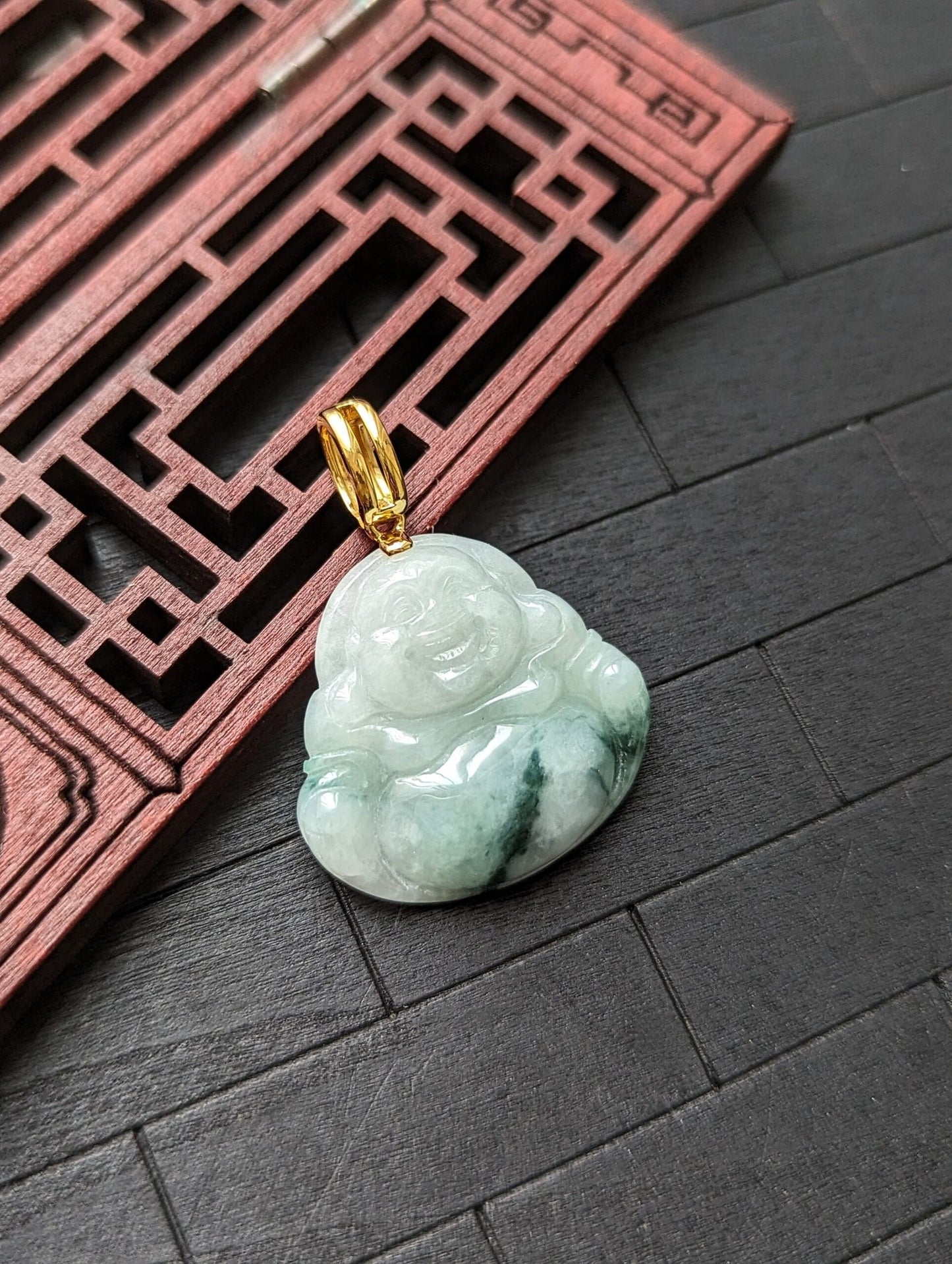 White/Dark Green Buddha Jade Pendant