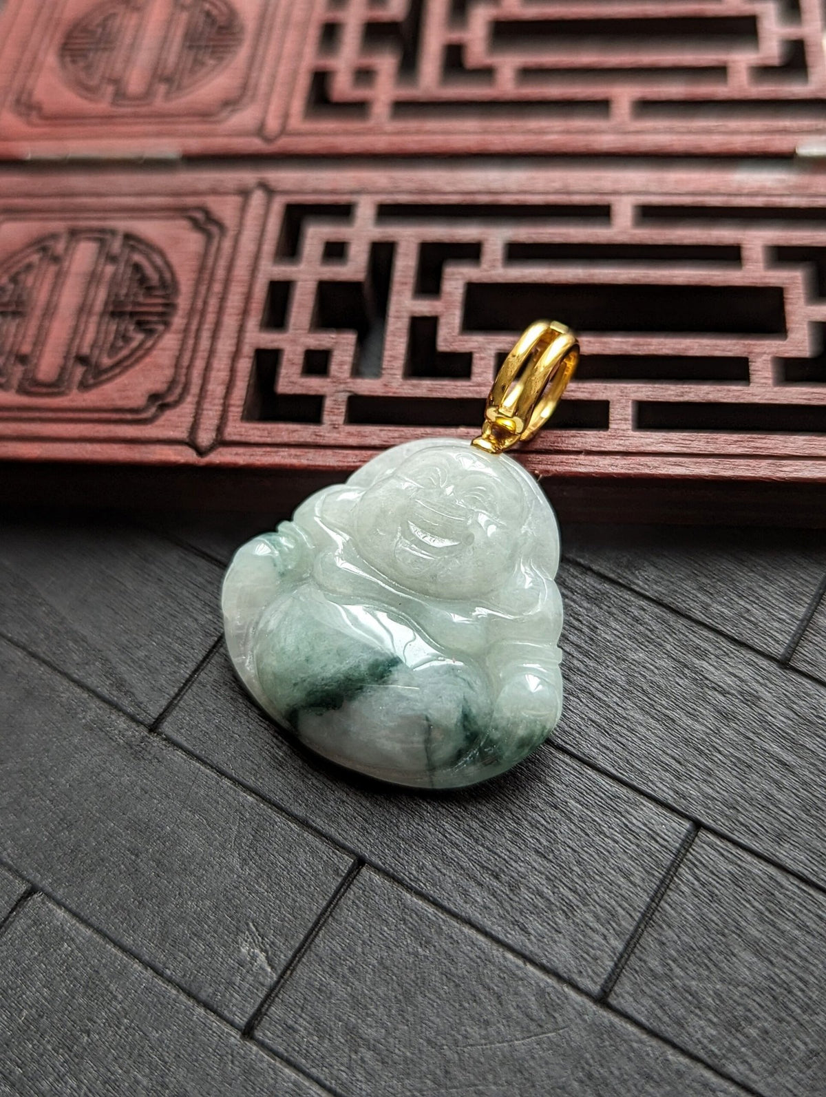 White/Dark Green Buddha Jade Pendant