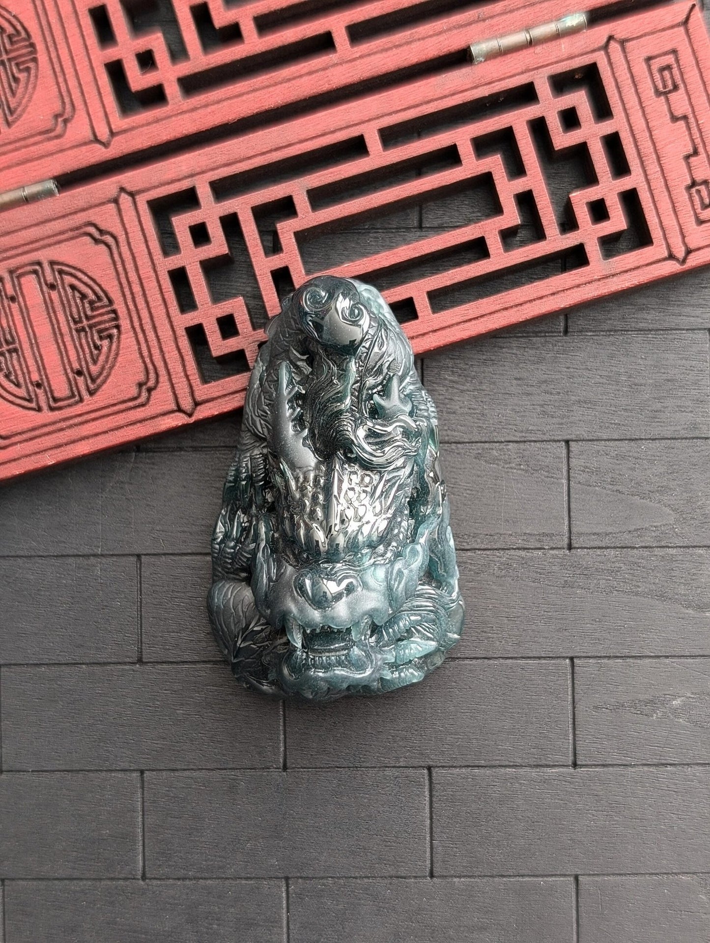 Detailed Dark Green Dragon Jade Pendant