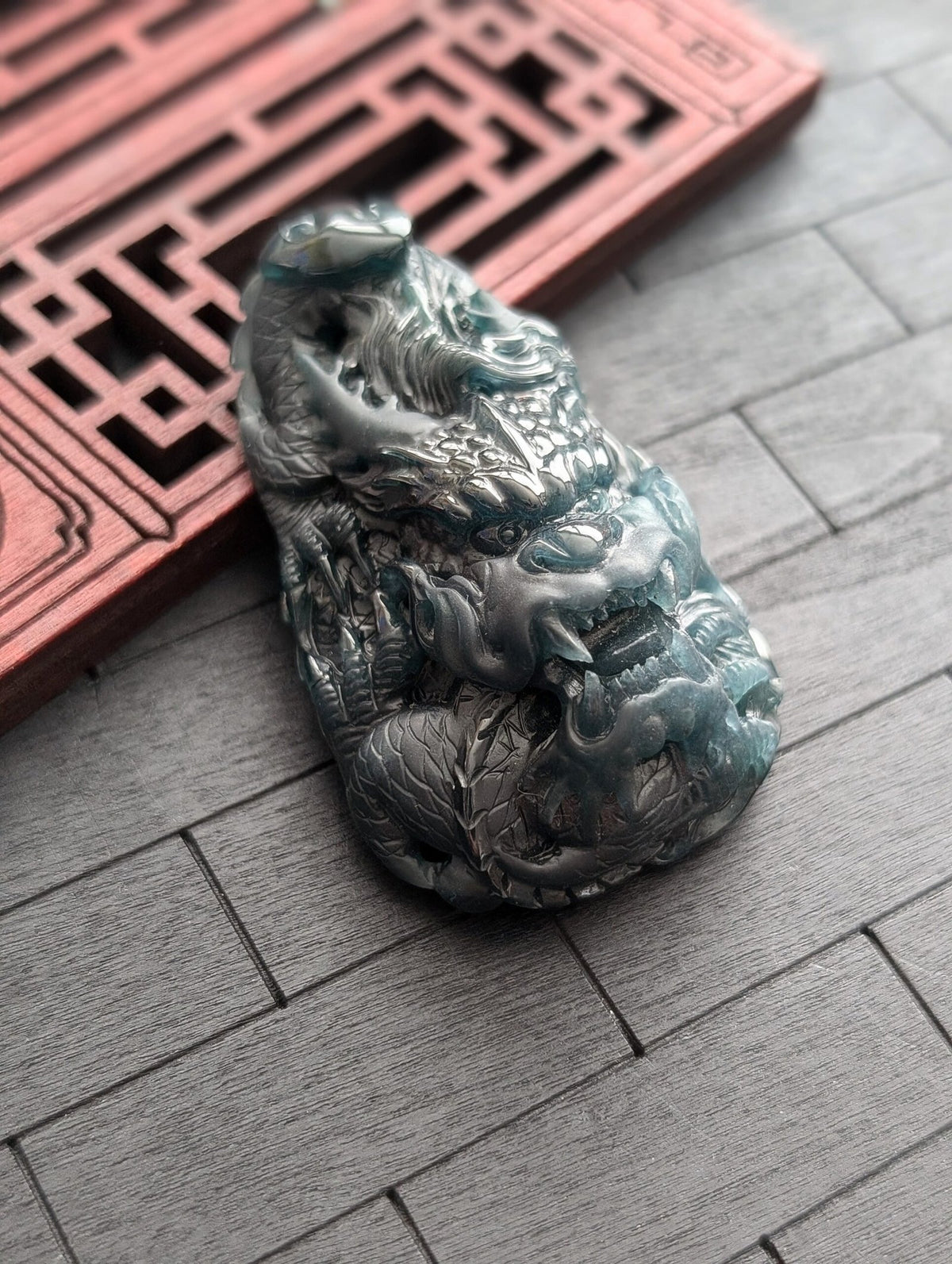 Detailed Dark Green Dragon Jade Pendant