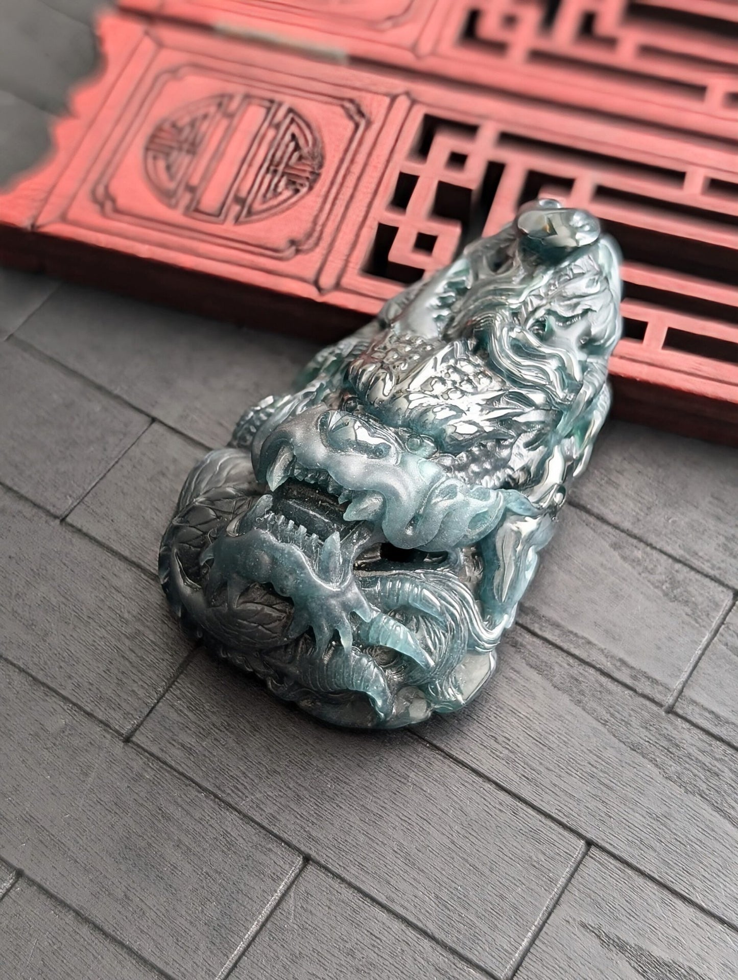 Detailed Dark Green Dragon Jade Pendant
