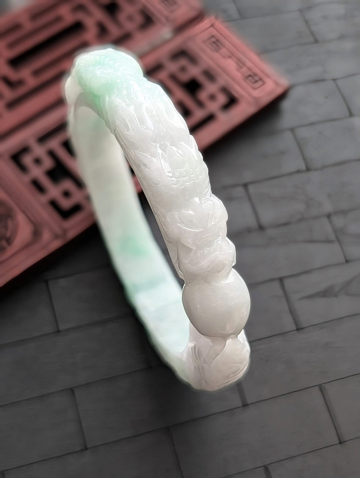 White/Green Dragon and Phoenix Jade Bangle