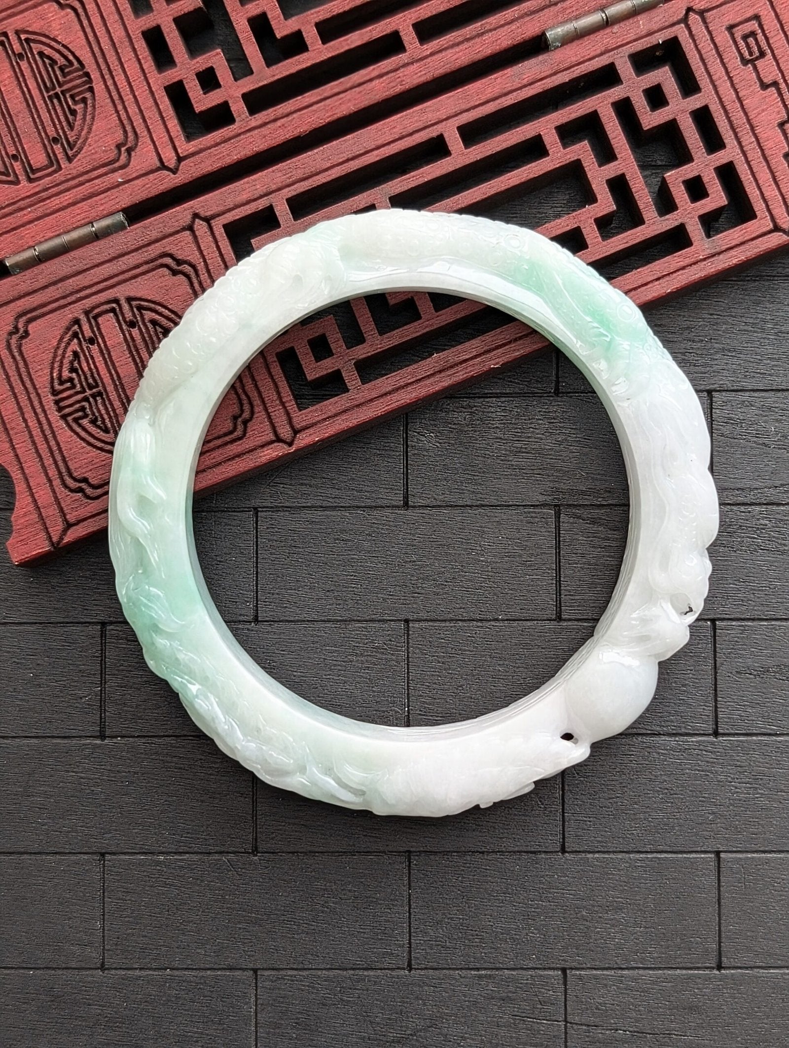 White/Green Dragon and Phoenix Jade Bangle