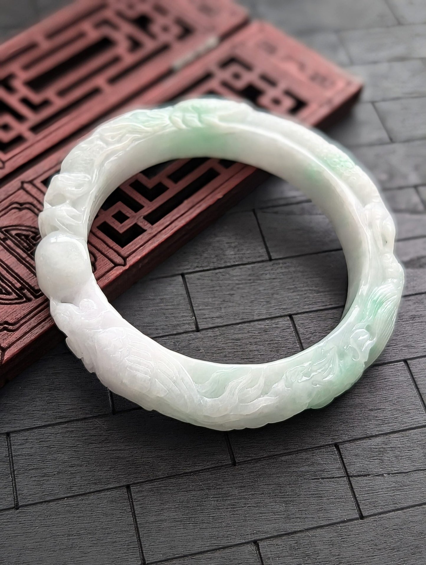 White/Green Dragon and Phoenix Jade Bangle