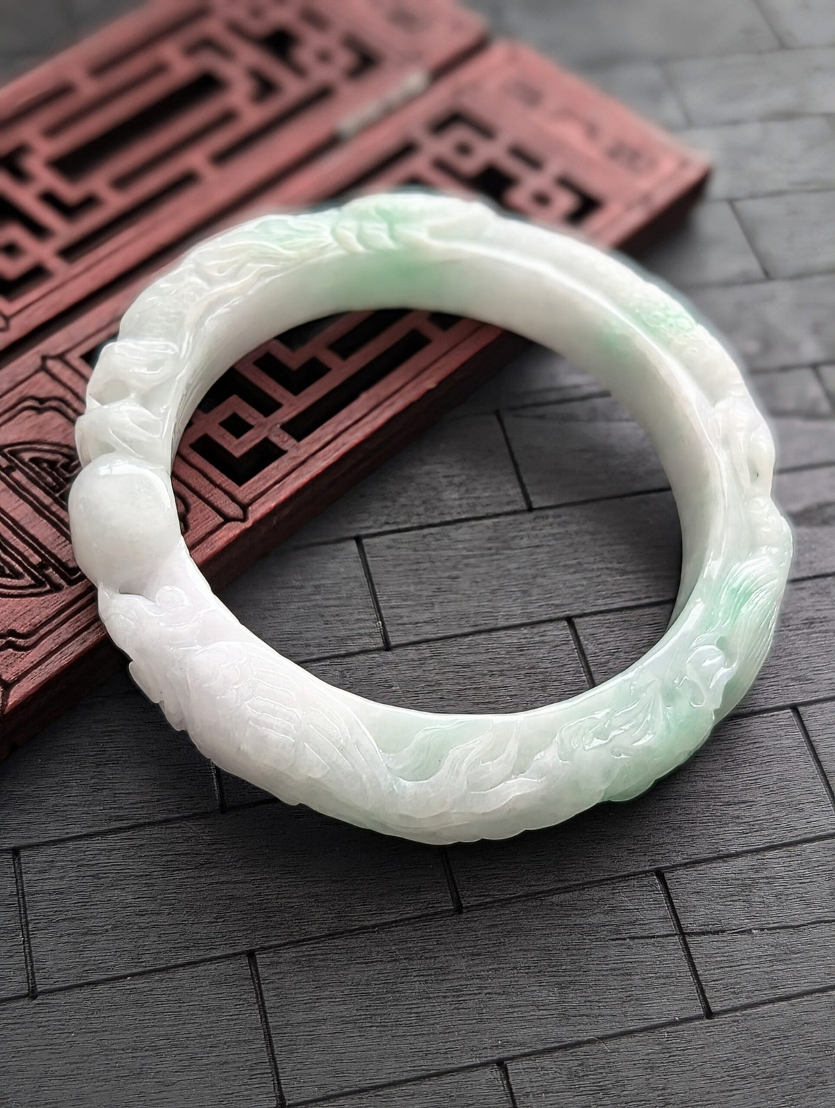 White/Green Dragon and Phoenix Jade Bangle