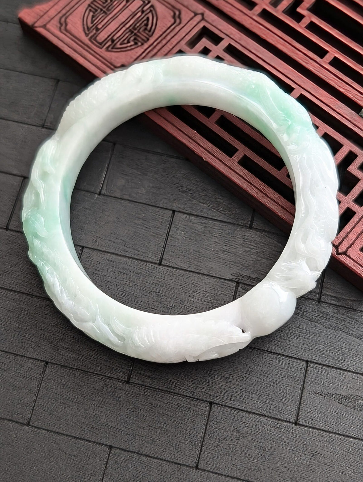 White/Green Dragon and Phoenix Jade Bangle