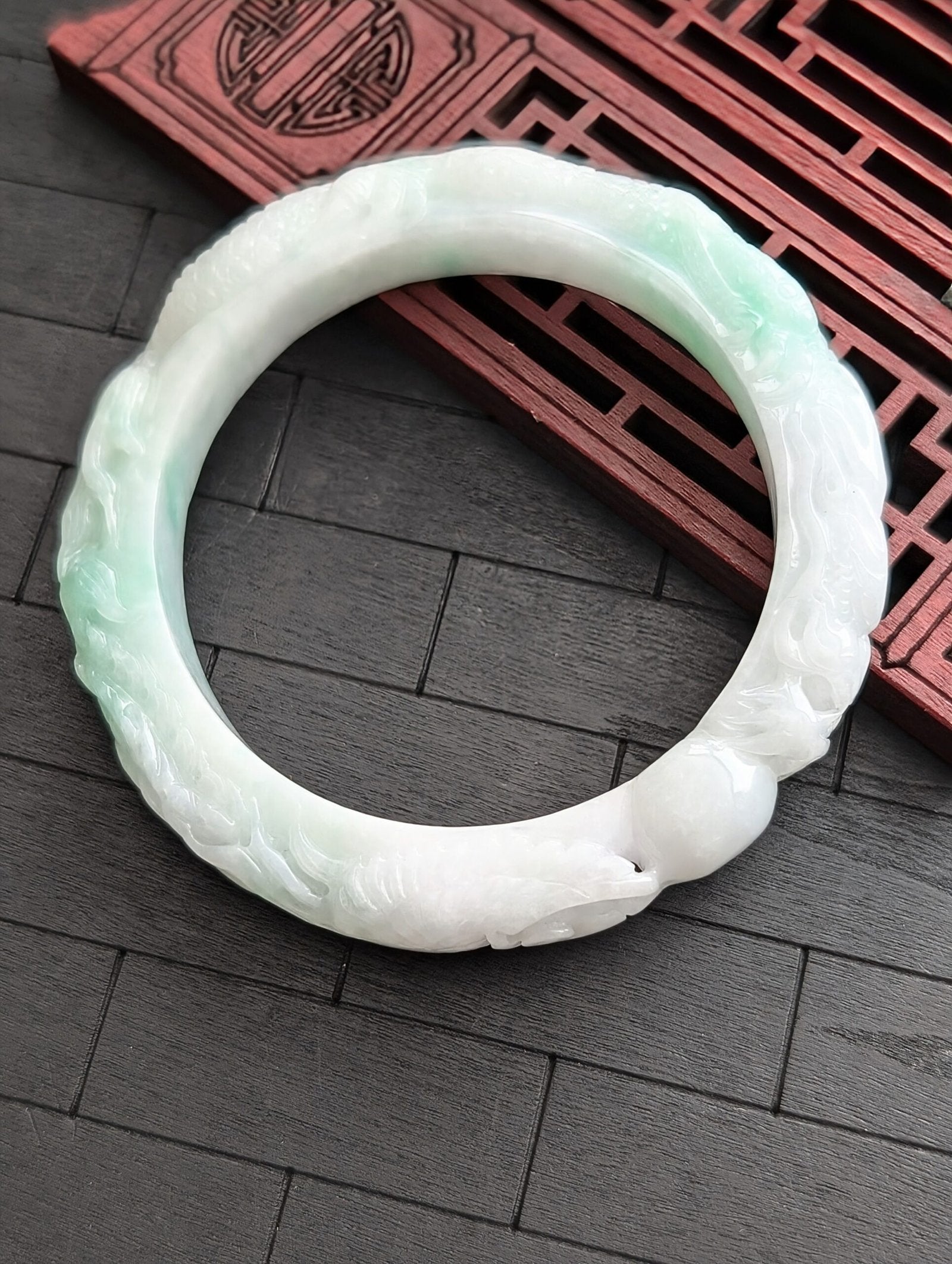 White/Green Dragon and Phoenix Jade Bangle
