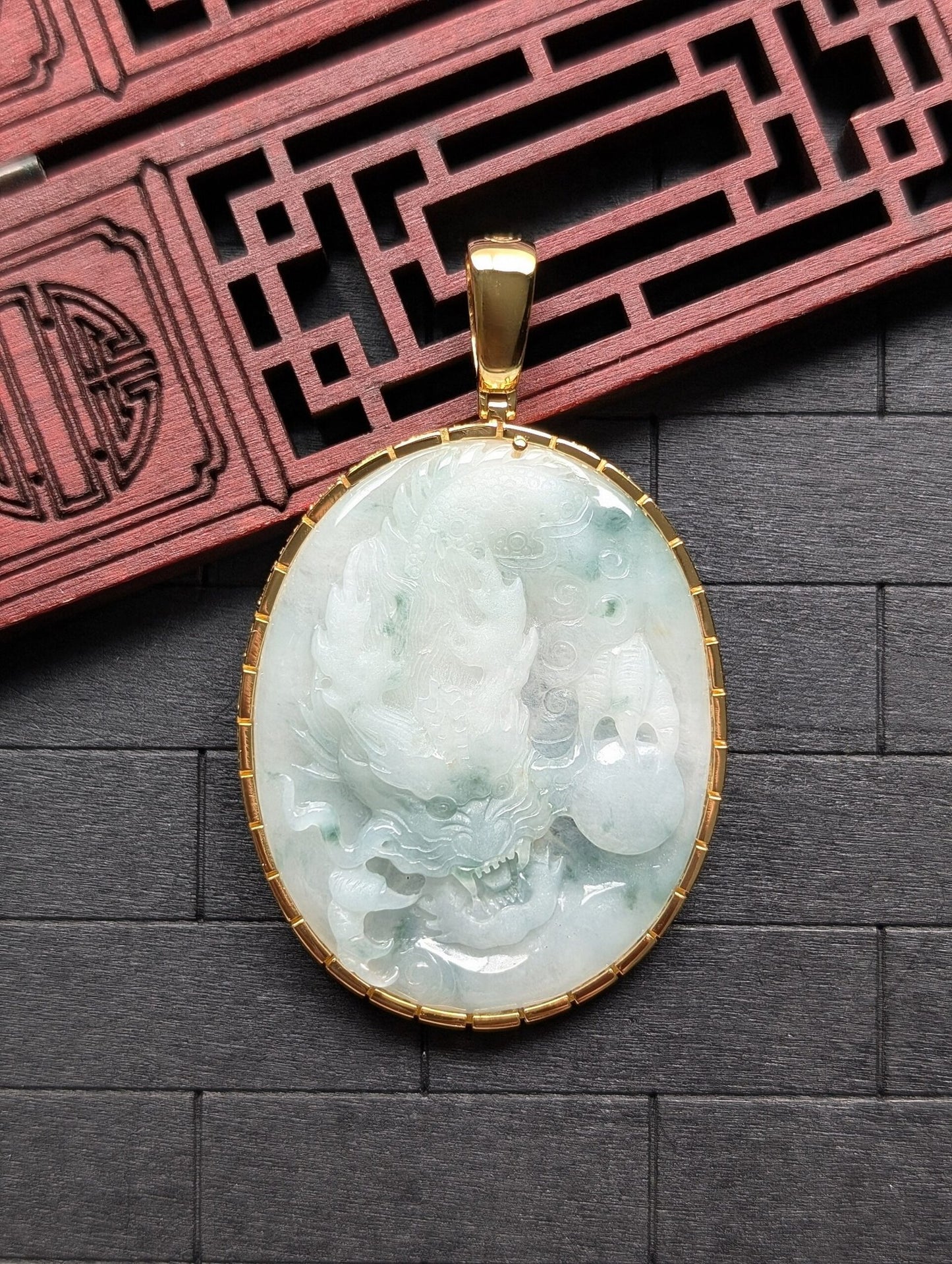 White/Green Dragon Jade Pendant (L)