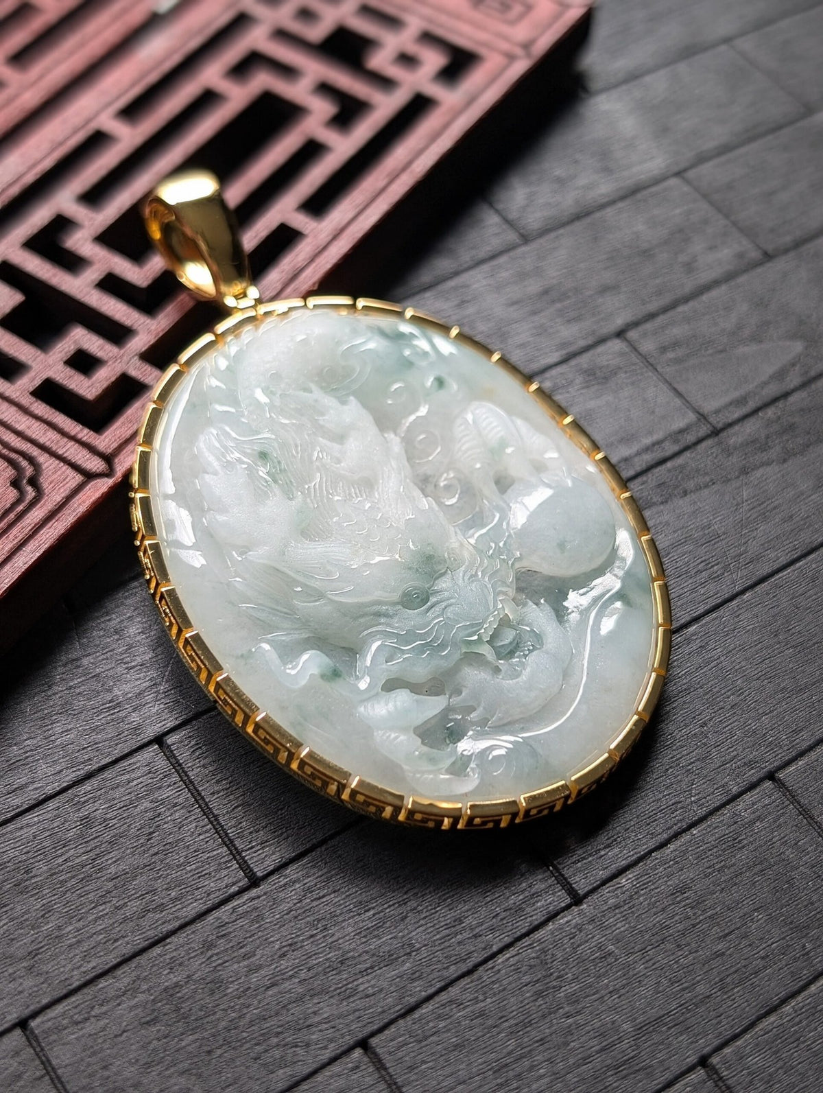 White/Green Dragon Jade Pendant (L)