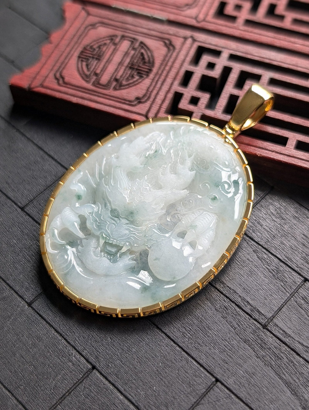 White/Green Dragon Jade Pendant (L)