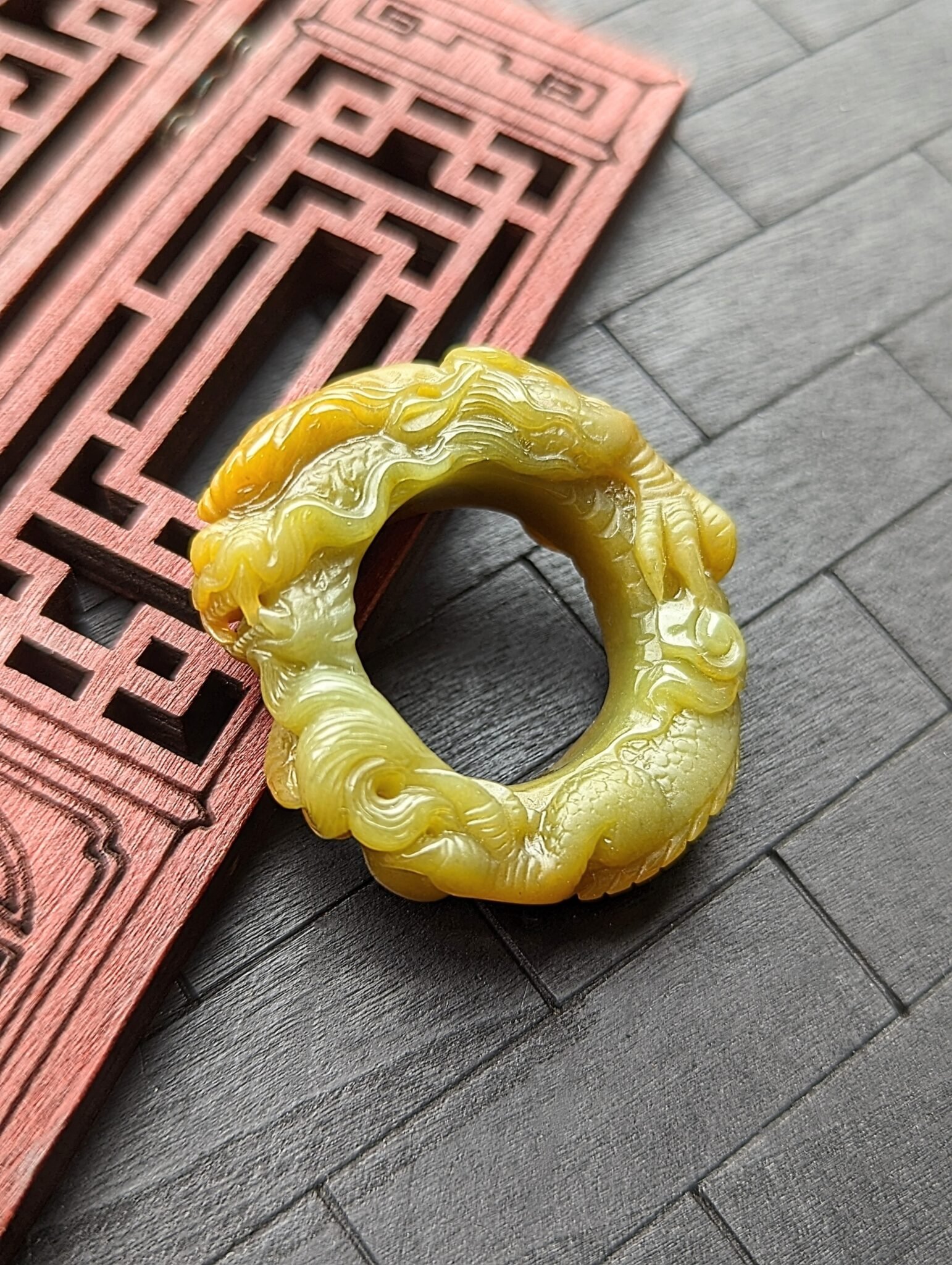 Golden Yellow Jade Dragon Ring Size 11.5 US JADE BROTHERS JEWELRY